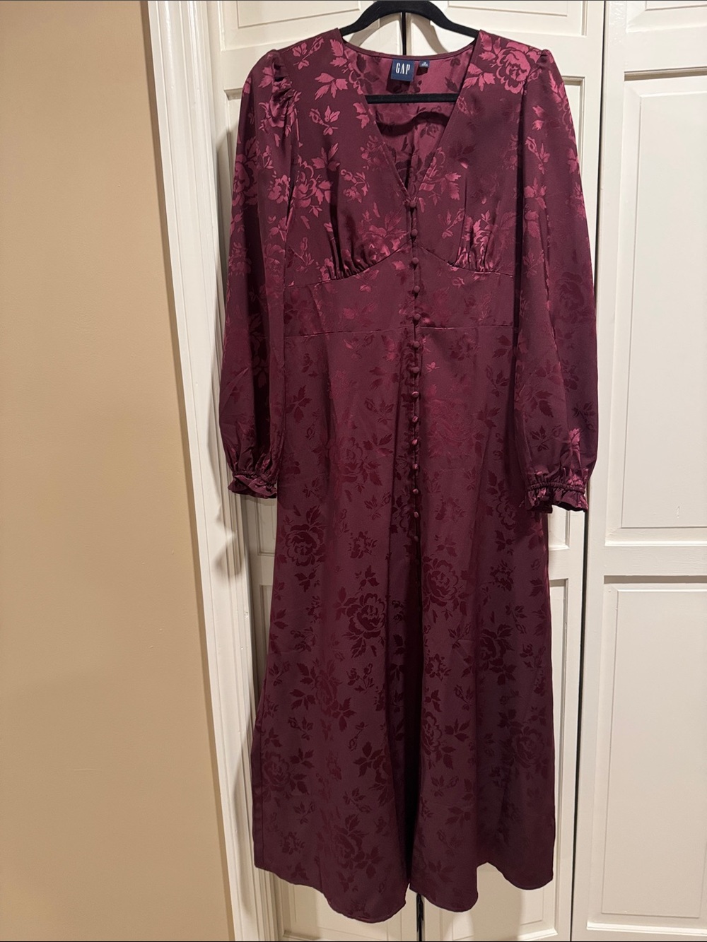 GAP Burgundy Floral Long-Sleeve Midi Dress